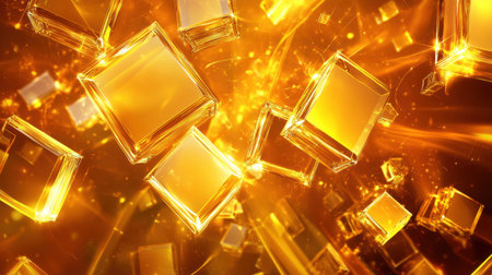 This stunning abstract image features golden cubes floating in a vibrant background, enhanced by shimmering particles and radiant light trails, evoking luxury and elegance.の素材