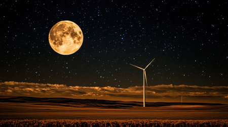 A stunning scene featuring a full moon shining brightly over wind turbines in a calm, starry night sky. The rural fields set a picturesque backdrop, capturing the essence of natural beauty and renewable energy.の素材
