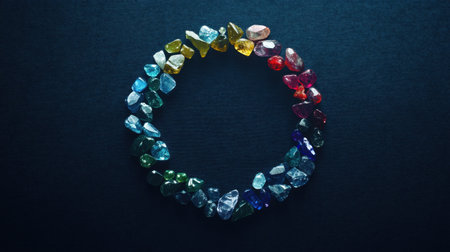 A stunning circular display of vibrant raw gems and crystals, showcasing a spectrum of colors against a dark background, perfect for art and design projects.の素材