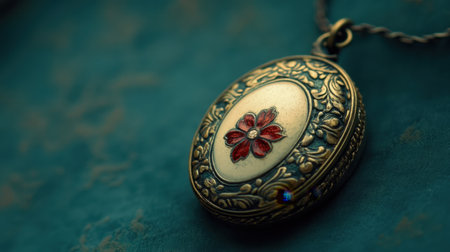 This vintage locket features an intricate design with a delicate red flower at the center, resting against a serene turquoise background, perfect for jewelry lovers.の素材