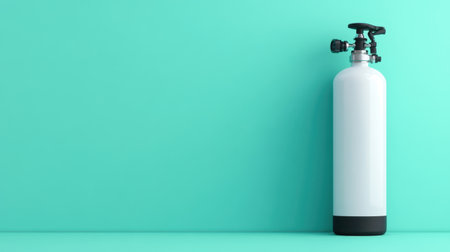 This image features a sleek and modern oxygen cylinder against a mint green background, ideal for conveying safety and medical themes in various applications.の素材