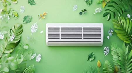 A modern air conditioner elegantly placed against a vibrant light green wall, surrounded by various green leaves, symbolizing freshness and comfort.の素材