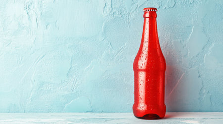 A striking glass red beverage bottle covered in water droplets, set against a soft blue background, perfect for culinary and product photography.の素材