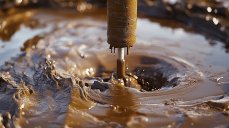 A close-up view of a drilling rig extracting brown mud during oil exploration. The image captures the fluid dynamics and machinery in action.の素材
