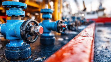 A detailed view of industrial valves and piping on an oil rig, showcasing blue valves with water droplets. Ideal for industry-themed projects.の素材