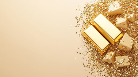 This image showcases gleaming gold bars scattered amongst shimmering glitter and decorative shards, creating an elegant and luxurious vibe. Perfect for finance or celebration themes.の素材