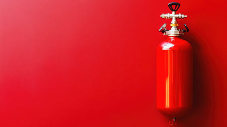 A bright red fire extinguisher is displayed against a matching vibrant red background. This image emphasizes safety equipment for emergencies, highlighting its importance in risk management and fire prevention.の素材