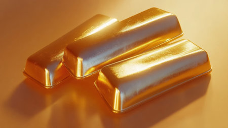 A captivating arrangement of three gold bars gleaming under soft light, set against a smooth golden background, symbolizing wealth and luxury.の素材