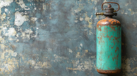 This image features a vintage turquoise fire extinguisher hanging against a rustic grunge wall, showcasing rich textures and a unique aesthetic perfect for industrial decor.の素材