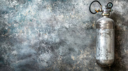 This image showcases a vintage metal fire extinguisher against a grunge background, highlighting its industrial texture and weathered appearance, perfect for safety themes.の素材