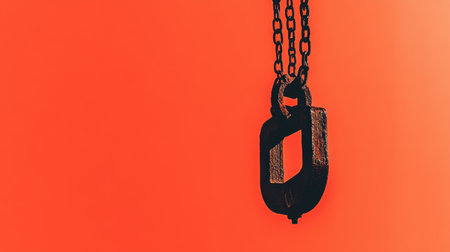 This striking image captures a vintage padlock and chain hanging in mid-air, situated against a vibrant orange background. The contrasting colors and textures highlight themes of security and freedom.の素材