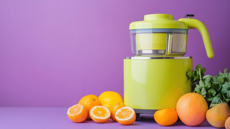 A bright yellow citrus juicer stands proudly beside fresh oranges and greens on a vibrant purple background, perfect for healthy beverage preparation.の素材