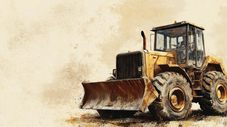 A weathered construction loader stands prominently against a grunge background, symbolizing strength and durability in industrial and agricultural settings.の素材