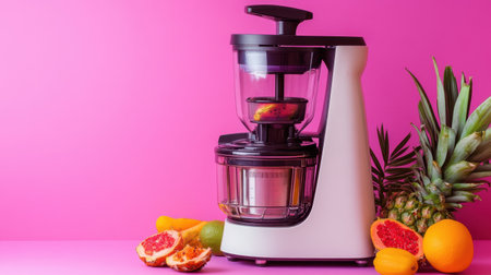 A stylish modern juicer sits against a vibrant pink background, surrounded by fresh fruits like pineapple and grapefruit, perfect for making healthy beverages.の素材