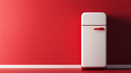 A striking retro-style refrigerator stands against a vivid red wall, showcasing minimalist design and bright colors to enhance any modern kitchen's aesthetic.の素材