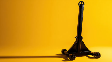 A black jack stand set against a vibrant yellow backdrop, showcasing its sturdy design and long shadow, perfect for automotive maintenance and repair tasks.の素材