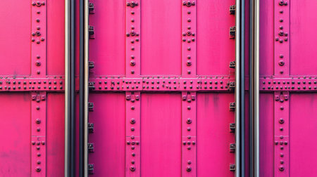 This striking image showcases a vibrant pink metal surface adorned with rivets, highlighting an industrial design feel and modern urban aesthetics.の素材