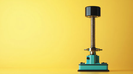 This image showcases a vintage industrial press tool on a bright yellow background, perfect for design projects, art, and creative presentations.の素材