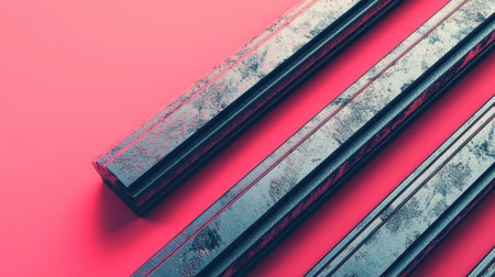 A striking composition featuring dark metallic bars arranged against a vibrant pink background, showcasing unique textures and engaging visual contrast for artistic projects.の素材