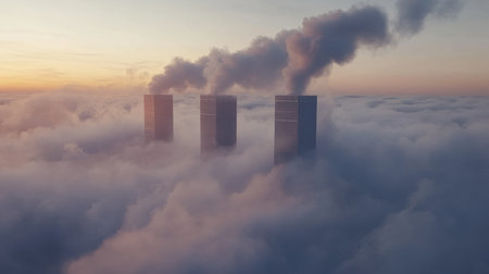 This stunning aerial photograph captures industrial chimneys releasing smoke above a sea of clouds at sunrise, highlighting the contrast between nature and industry.の素材