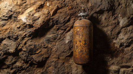 A vintage rusty cylinder hangs against a rugged stone wall in a dimly lit cave, creating an atmospheric and moody scene ideal for historical or industrial themes.の素材