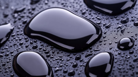 This close-up image showcases glossy water droplets on a dark surface, capturing reflections and textures in a minimalistic yet striking composition.の素材