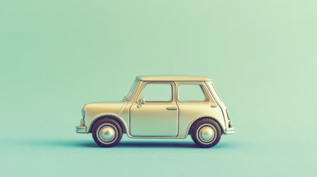 This image showcases a vintage miniature car model in golden tones against a soft pastel background. Ideal for creative projects and advertising use.の素材