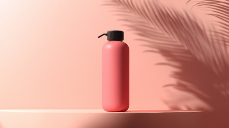 This stock photo features a sleek pink bottle with a black cap, set against a soft pink background. The elegant shadows of tropical leaves create a calming, trendy aesthetic suitable for beauty or lifestyle projects.の素材