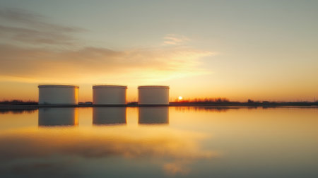 A serene sunset casts a warm glow over three industrial storage tanks reflected in calm lake water. The tranquil landscape captures the beauty of nature and industry.の素材