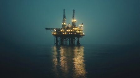 A captivating offshore oil rig stands illuminated in the calm waters during a foggy night, representing the intersection of industrial power and serene marine environments.の素材