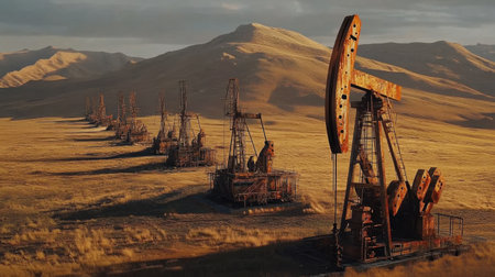This striking image captures a row of rusty oil pumps in a vast, barren landscape under a dramatic sky, illustrating the decline of industrial activity and its impact on the environment. The towering structures contrast with the natural surroundings, highlighting the ongoing conversation about energy production and sustainability.の素材