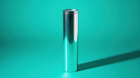 This image features a sleek metallic cylinder resting against a vibrant teal background. The soft shadow adds a touch of depth, emphasizing its elegant design.の素材