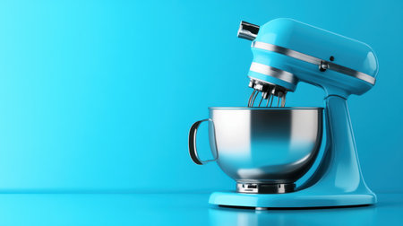 This vibrant blue stand mixer adds a pop of color to any kitchen, featuring a sleek stainless steel bowl. Perfect for all baking enthusiasts and culinary tasks.の素材