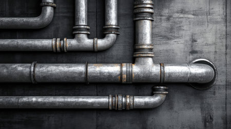 A close-up view of interconnected metal pipes showing signs of wear and rust, suitable for themes related to industry, plumbing, or urban architecture design.の素材