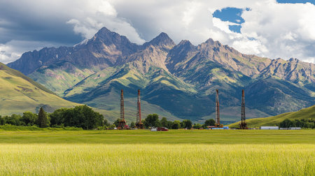 A breathtaking view showcasing towering mountains in the background, oil rigs scattered across green fields, and a vibrant sky filled with clouds.の素材