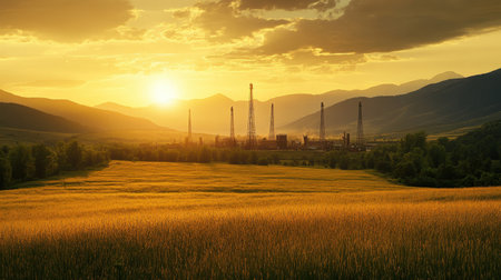 A breathtaking view capturing a tranquil sunset over golden fields that contrast with industrial structures set against majestic mountains, evoking harmony between nature and development.の素材