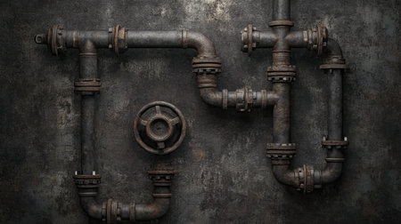 This image showcases a detailed arrangement of industrial pipes on a textured grungy wall. The rusty elements and unique patterns create a striking visual for various design themes.の素材