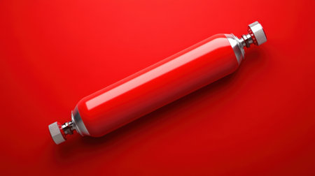 A bright red fire extinguisher lying on a smooth red surface symbolizes safety and emergency readiness. Ideal for fire safety themes and awareness campaigns.の素材