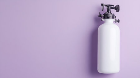 This image features a white gas cylinder with a valve and regulator set against a stylish pastel purple background, ideal for industrial and safety themes.の素材