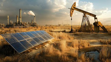 A striking visual showcasing the duality of energy sources with solar panels in the foreground and an oil pump against an industrial backdrop at dusk.の素材
