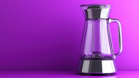 A modern transparent blender with a shiny silver base set against a vibrant purple background. Ideal for showcasing contemporary kitchen tools and appliances.の素材