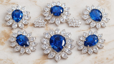A collection of stunning vintage brooches featuring vibrant blue gemstones surrounded by intricate silver floral designs, elegantly displayed on a smooth marble background.の素材