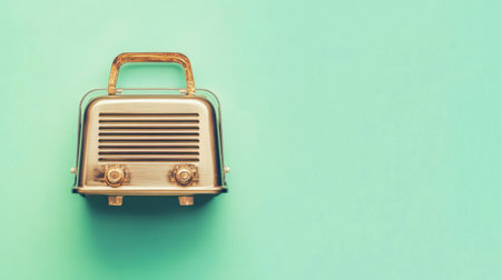 This image features a retro-style toaster with a sleek metal finish against a soft mint background, creating a visually appealing kitchen element.の素材