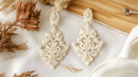 Discover the beauty of these elegant white earrings featuring intricate floral patterns. Perfect for special occasions or everyday wear, they enhance any outfit.の素材