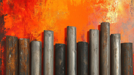 This striking image features a collection of metal pipes arranged in front of a bright orange and red textured background. The contrast between materials and colors creates a vibrant, industrial aesthetic that enhances creativity and artistic expression.の素材