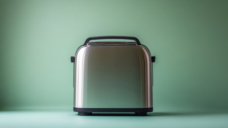 A modern stainless steel toaster stands gracefully against a pastel green background, exuding a minimalist aesthetic that enhances any kitchen space. Perfect for contemporary home decor.の素材