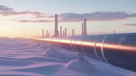 A stunning scene of a vast pipeline stretching through a snow-covered landscape, illuminated by soft sunrise light, showcasing industrial structures in the distance.の素材