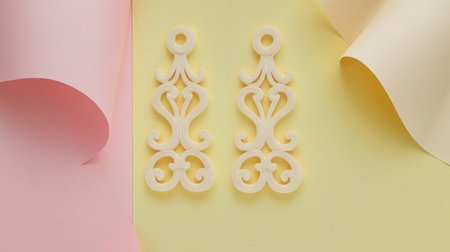 This image showcases intricate decorative elements featuring elegant designs in soft pastel hues. The delicate shapes and textures create a visually appealing composition ideal for art and fashion projects.の素材