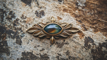 A vintage brooch featuring an intricate leaf design and a unique stone is showcased on a rustic surface, highlighting the elegance and charm of timeless jewelry.の素材