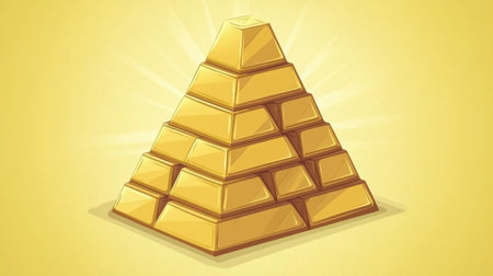 This stunning illustration showcases a pyramid made of gold bars set against a vibrant yellow background. Perfect for themes of wealth and luxury.の素材